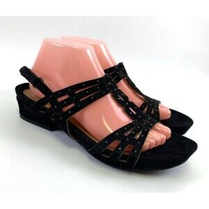 Earthies Tica Slingback Sandal Black Nubuck Leather Rhinestone Low Heel Size 9.5